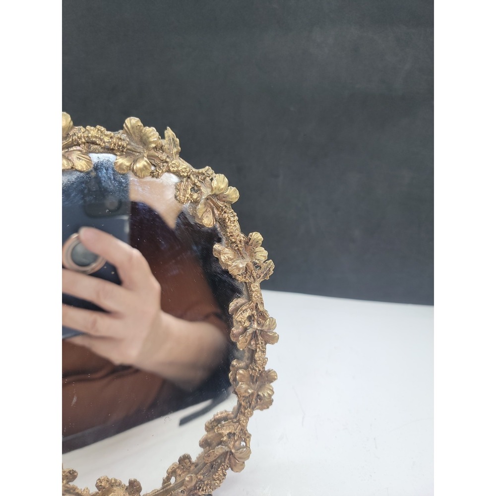 Vintage Globe 24K Gold Plated Ornate Hibiscus Design Tabletop Oval Mirror 1950s - Picture 4 of 7